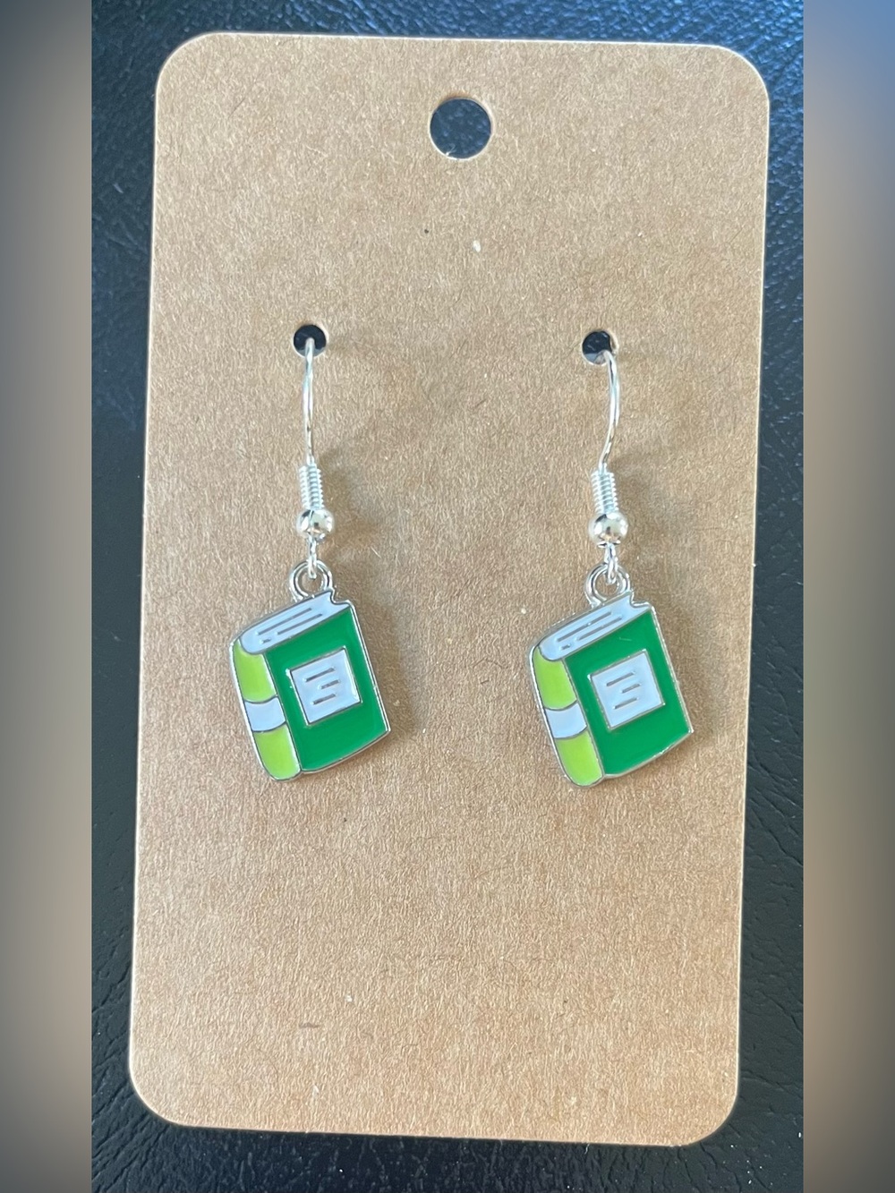 2/$15- Green Book Charm Dangle Earrings - Handmade